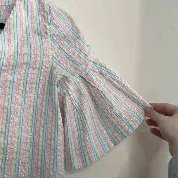 A New Day White and Colorful Striped Semi Sheer Blouse Bell Sleeve - Picture 3 of 8